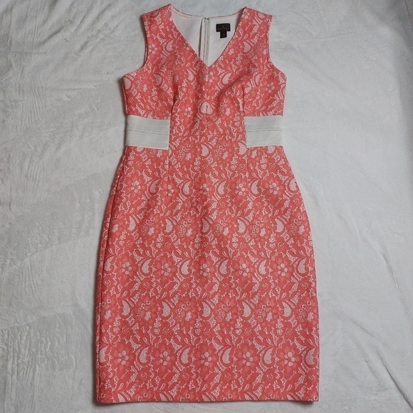 𝅺Worthington Womens V-neck Pink And White Knee Length Cocktail Lace Dress Sz 10 - Picture 1 of 7